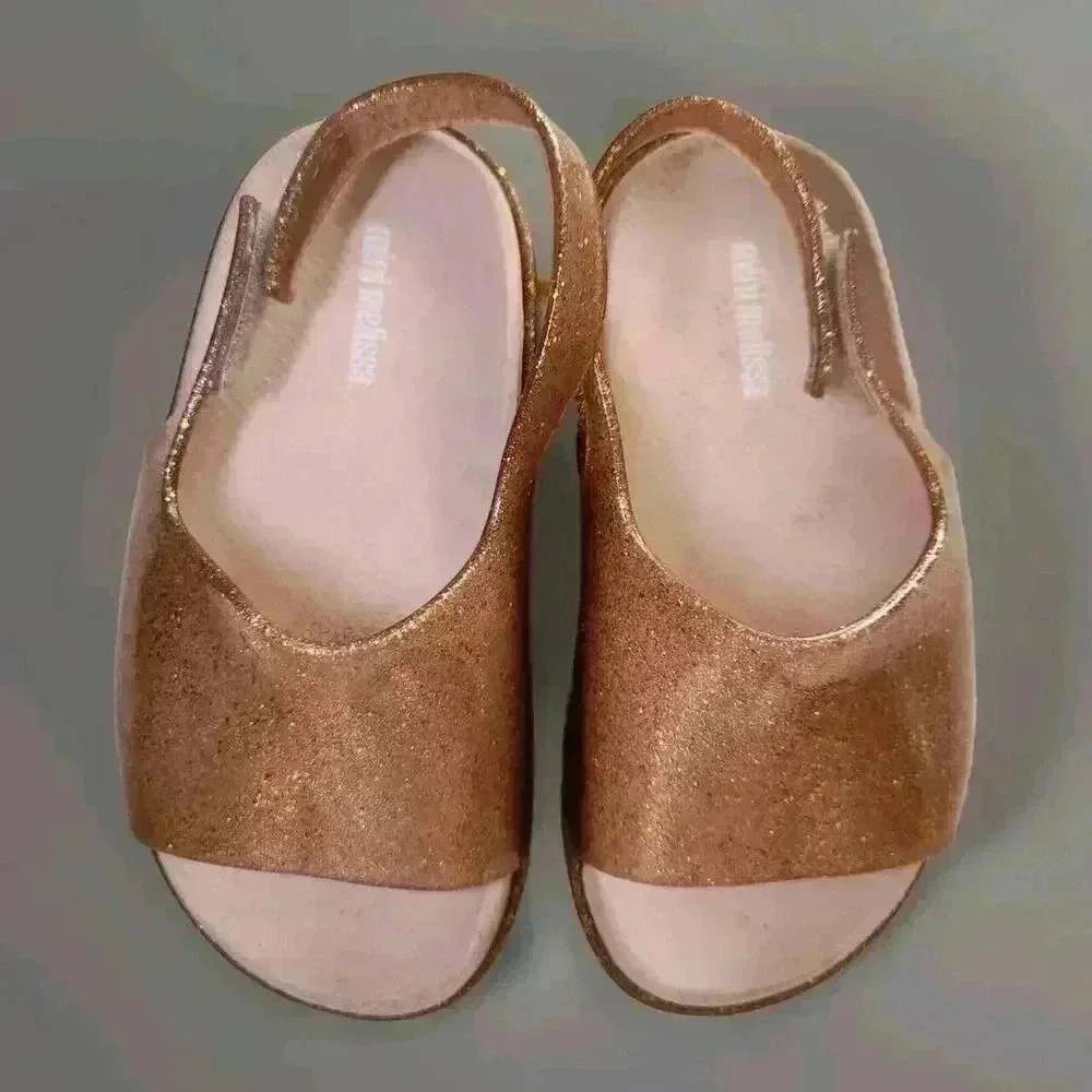 Melissa Shoes Mini Beach Slide‎ Sandal,Rose Gold Glitter Size 9c Toddler Summer